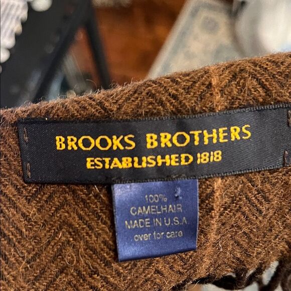 Brooks Brother Camel Hair Brown Design Fringe Scarf Made In USA Work Academia - Picture 4 of 8
